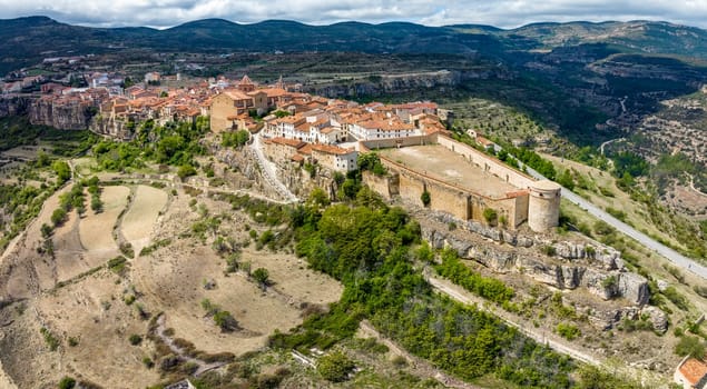 Spanish medieval town of Cantavieja front aerial view, Teruel. Beautiful Towns of Spain