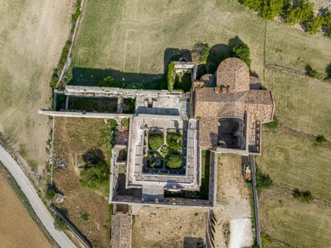 Aerial view Monsalud Cistercian Monastery, in Corcoles, was one of the most important medieval buildings in the territory of Guadalajara for centuries, Plan view from above