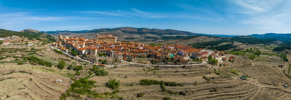 Aerial panoramic view of Puertomingalvo province of Teruel listed as beautiful towns of Spain