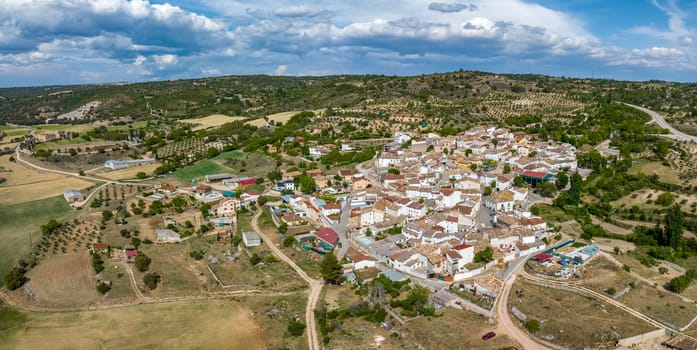 Panoramic aerial view of Monsalud, in Corcoles, province of Guadalajara in Spain, in the background left the monastery of Monsalud