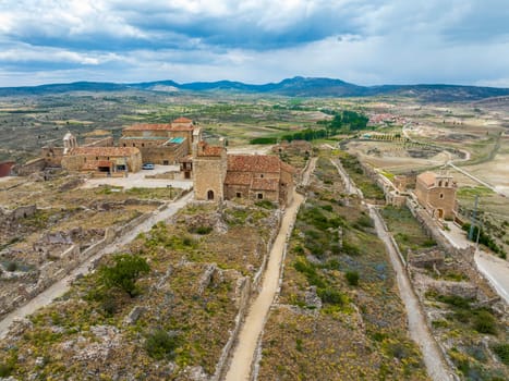 Moya municipality of Spain belonging to the province of Cuenca, Aerial view detail the churches of San Bartolome, Santa Maria and Trinidad.