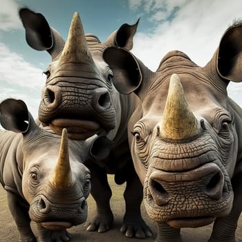 AI Generated illustration from rhino family portrait outdoor with sky