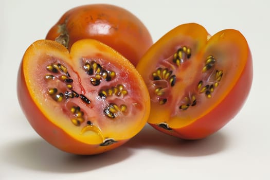 Tangy tamarillo with smooth, glossy skin and rich, reddish-orange color