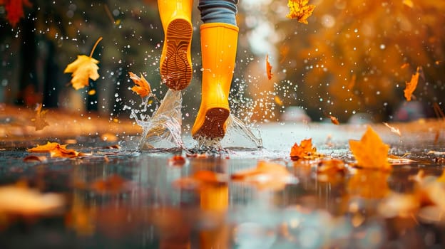 Legs of child in a yellow rubber boots in a puddle in autumn. AI generated