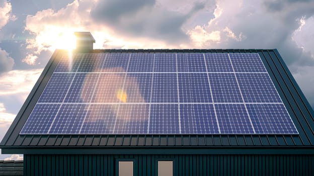 Solar panels mounted on the roof of a modern new-build house. Sustainable energy, electric power generation. AI generated