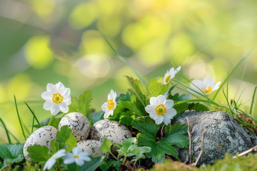 Springtime Easter scene with blooming flowers and green foliage