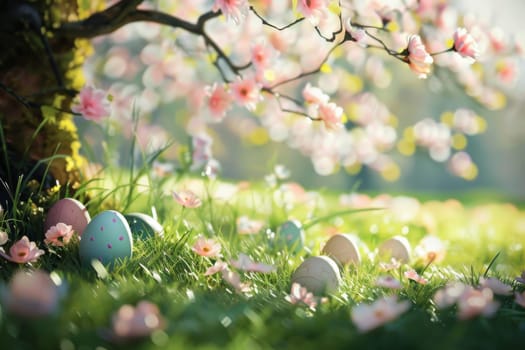 Springtime Easter scene with blooming flowers and budding trees