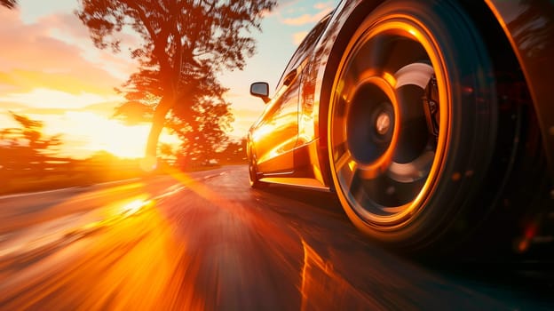 The car moves at fast speed at the sunset. Blured road with sunset light and car on high speed. AI generated