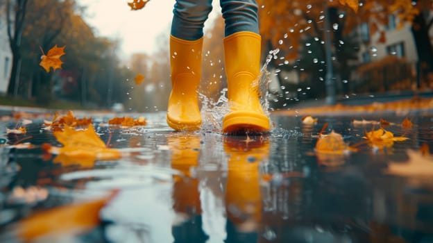 The feet of a child in rubber boots stomp through puddles. AI generated