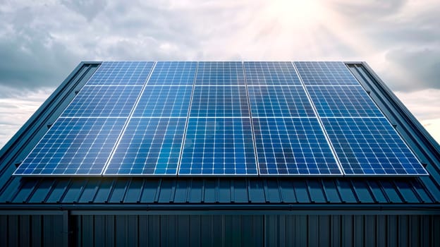Solar panels mounted on the roof of a modern new-build house. Sustainable energy, electric power generation. AI generated