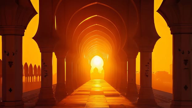 Traditional Islamic arches against a golden sunset background, evoking a sense of spirituality