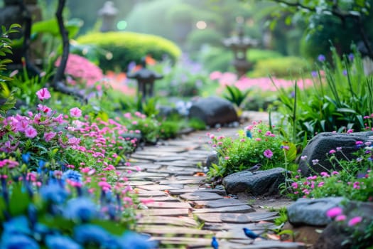 Tranquil garden scene with blooming flowers and chirping birds, offering a peaceful retreat for stress relief