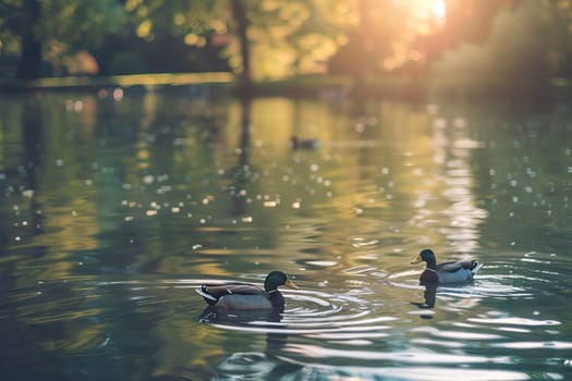 Tranquil pond with ducks swimming peacefully on the surface