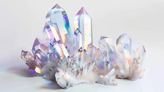 Translucent crystal formations with a delicate beauty, shimmering with iridescent hues against a pristine white backdrop