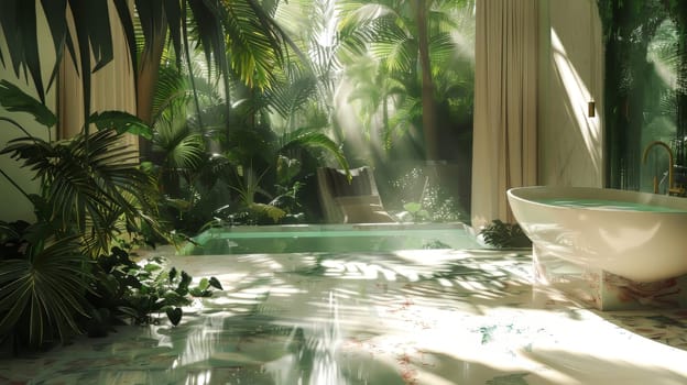 A tropical garden with a white bathtub and a green chair. The bathtub is filled with water and the chair is placed in front of it