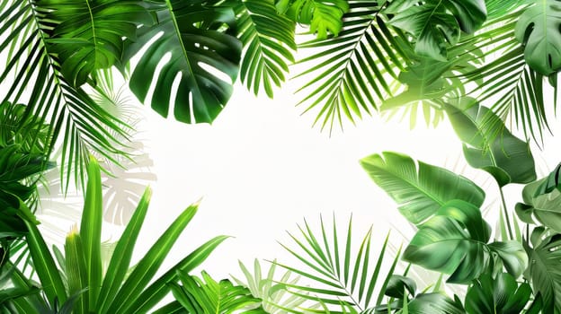 A lush green jungle with palm trees and leaves. The image is full of life and energy, and it evokes a sense of adventure and exploration. The vibrant colors of the leaves