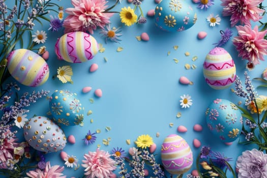 Vibrant Easter background with decorated eggs and spring flowers