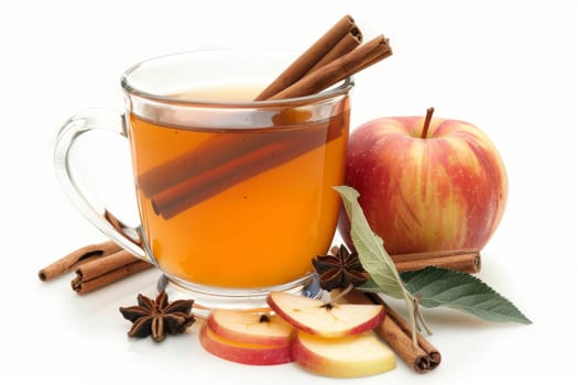 Warm apple cider in a mug with cinnamon sticks on a transparent white background, cozy and seasonal