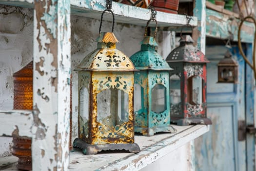 A row of lanterns are hanging on a shelf, with some being blue and some being yellow