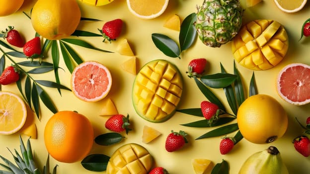 A colorful fruit salad with oranges, strawberries, and pineapple. Concept of freshness and abundance, as well as a healthy and vibrant lifestyle