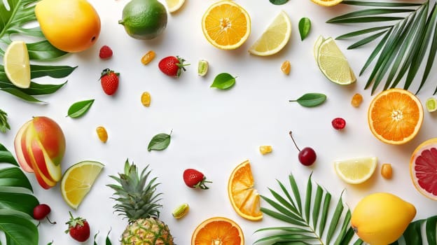 A colorful assortment of fruits and s, including oranges, lemons, and strawberries, arranged in a circular pattern on a white background
