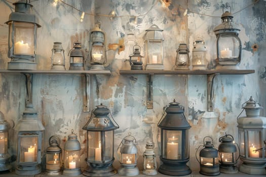 A shelf full of candles and lanterns with a blue and white wall behind them