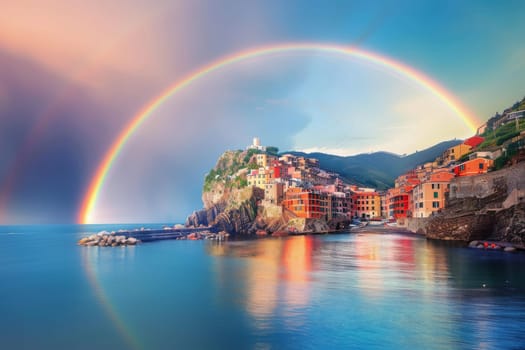 Vibrant rainbow over a coastal town
