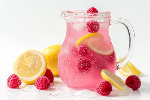Vibrant raspberry lemonade in a pitcher with raspberries and lemon slices on a transparent white surface, tangy and refreshing