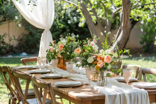 A table with a white tablecloth and a white table runner. The table is set with a variety of flowers and vases, and there are several chairs around the table
