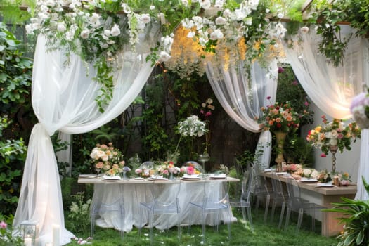 A garden party with a white tent and white curtains. The chairs are clear plastic and the table is made of wood. There are flowers and a vase on the table