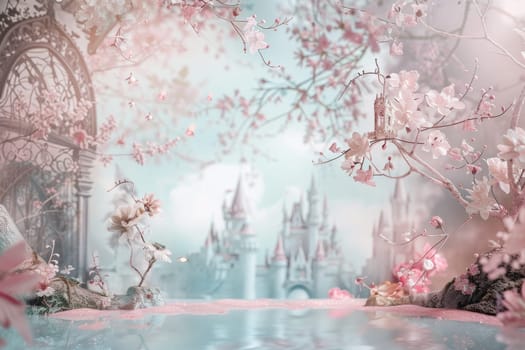 A beautiful scene of a castle and a river with pink flowers in the background. The castle is surrounded by a forest and the river is calm and peaceful