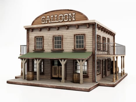 Wild west saloon building isolated on white background. 3D illustration.
