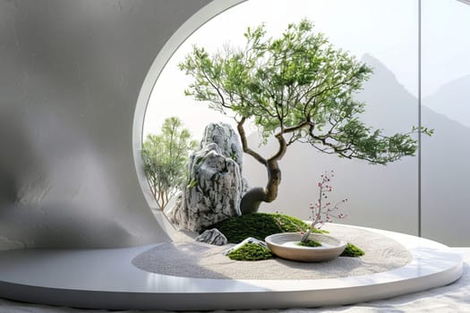 Zen bonsai garden on a soft transparent white surface, perfect for meditation-themed designs