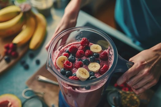 Woman blending a fruit smoothie with mixed berries, banana, and Greek yogurt, a nutritious and refreshing beverage