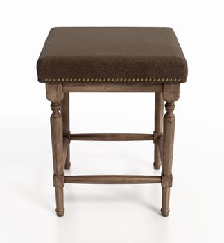 Vintage wooden stool decorated with brown leather isolated on white background. 3D illustration.