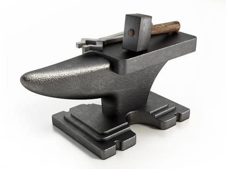 Anvil, hammer and blacksmith tong isolated on white background. 3D illustration.