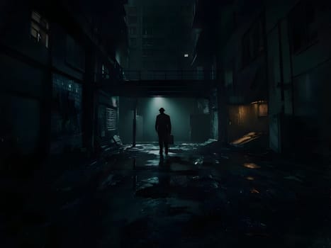 man in the dark abandoned city