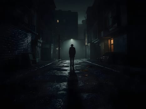 man in the dark abandoned city