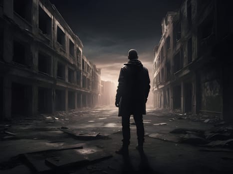 man in the dark abandoned city
