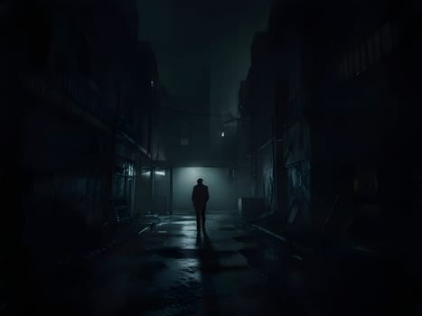 man in the dark abandoned city
