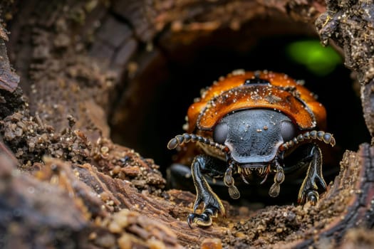 Close up of a beetle burrowing in rotting wood, illustrating the role of decomposers in nutrient cycling