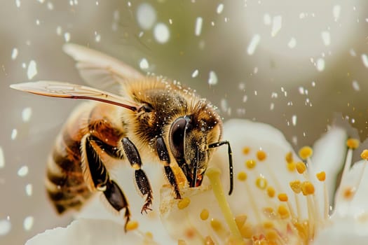 Close up of a bee carrying pollen back to its hive, illustrating the importance of bees in agriculture