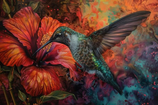 Close up of a hummingbird sipping nectar from a flower, showcasing the intricate relationships in nature