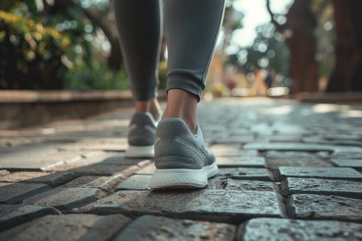 Close-up of a person practicing mindfulness walking, focusing on each step to calm the mind