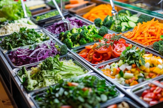 Close-up of a salad bar with assorted fresh vegetables and toppings, promoting customizable and nutritious meals