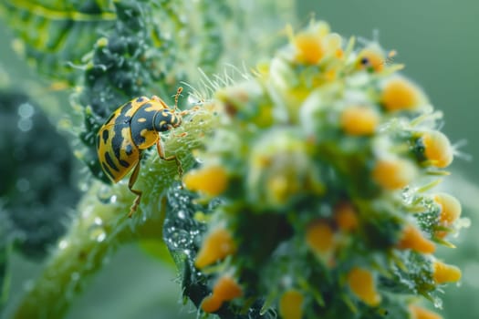 Close up of a ladybug larvae preying on aphids, demonstrating natural pest control in organic farming