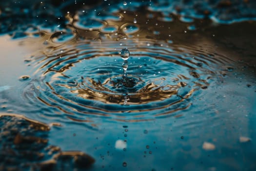 Close up of a raindrop falling into a puddle, symbolizing the interconnectedness of all living things