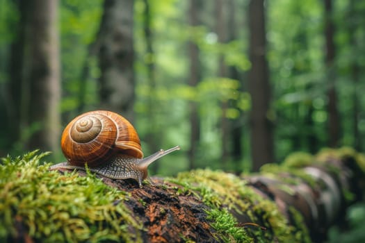 Close up of a snail crawling on a mossy log, showcasing the biodiversity of forest ecosystems
