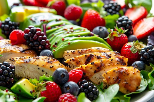 Close-up of a colorful salad with mixed greens, grilled chicken, avocado, and berries, a nutritious and flavorful meal
