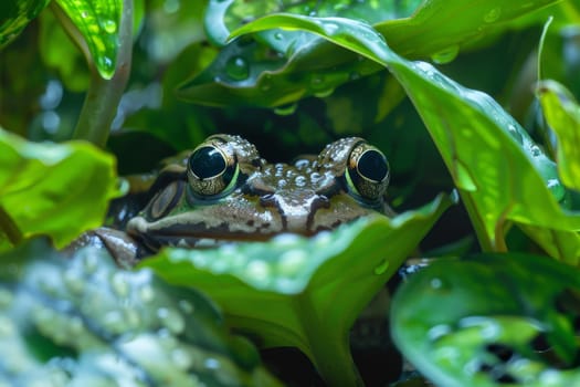Close up of a frog camouflaged among leaves, showcasing the diversity of amphibians in ecosystems